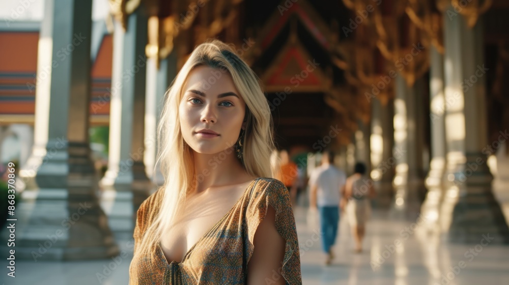 A woman in a floral dress stands in front of a building A woman in a floral dress stands in front of a building