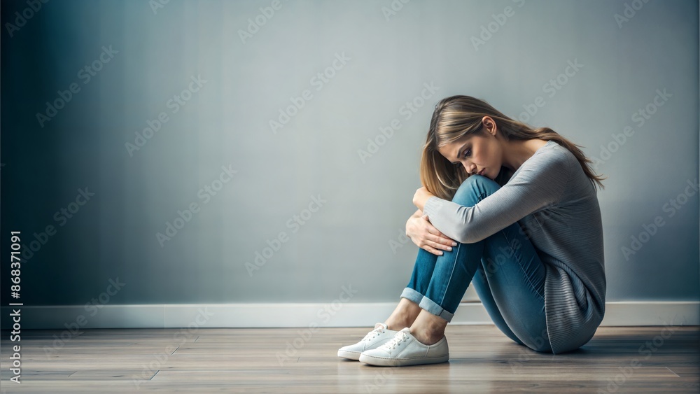 Woman Sitting Alone: A woman sits alone, hugging her knees, looking lost in thought and sorrow.
Woman Sitting Alone: A woman sits alone, hugging her knees, looking lost in thought and sorrow.