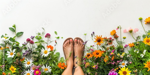 Bare feet surrounded by colorful flowers on a white background