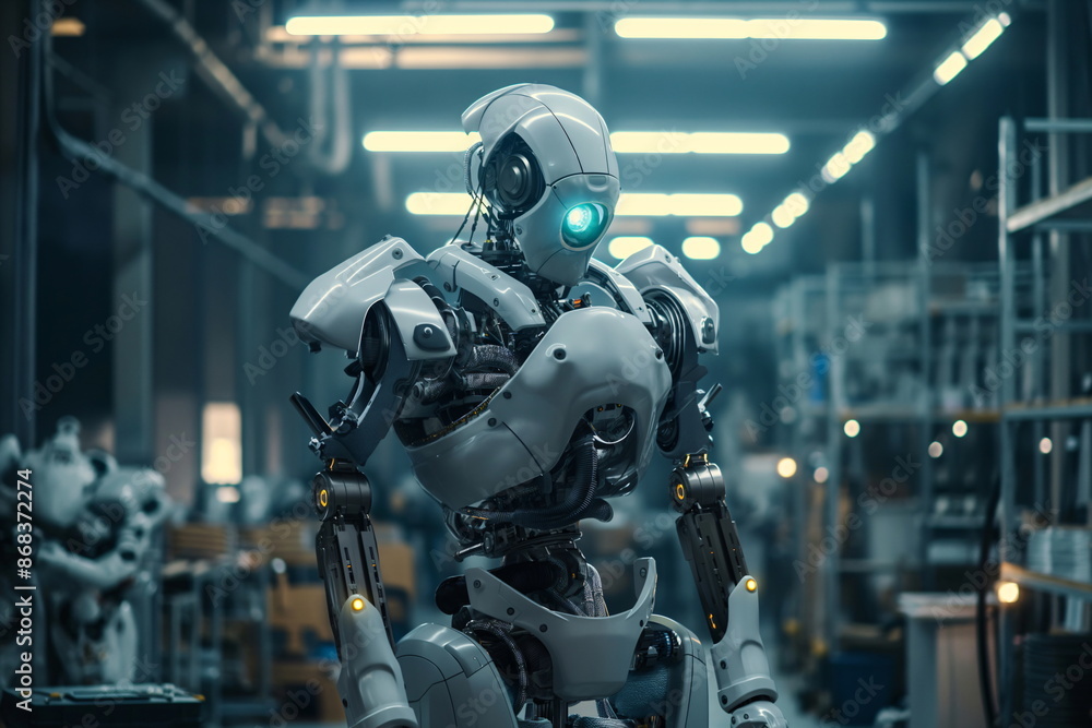 Advanced humanoid robot in a high-tech industrial facility, futuristic automation and AI technology Advanced humanoid robot in a high-tech industrial facility, futuristic automation and AI technology