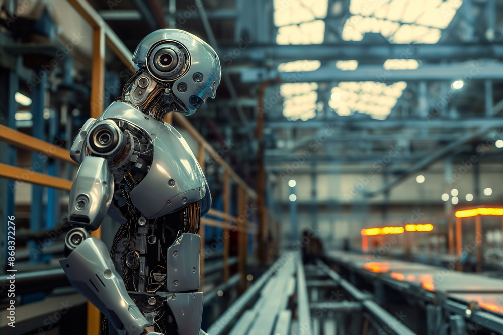 Robot in an industrial factory setting, automation and advanced technology Robot in an industrial factory setting, automation and advanced technology
