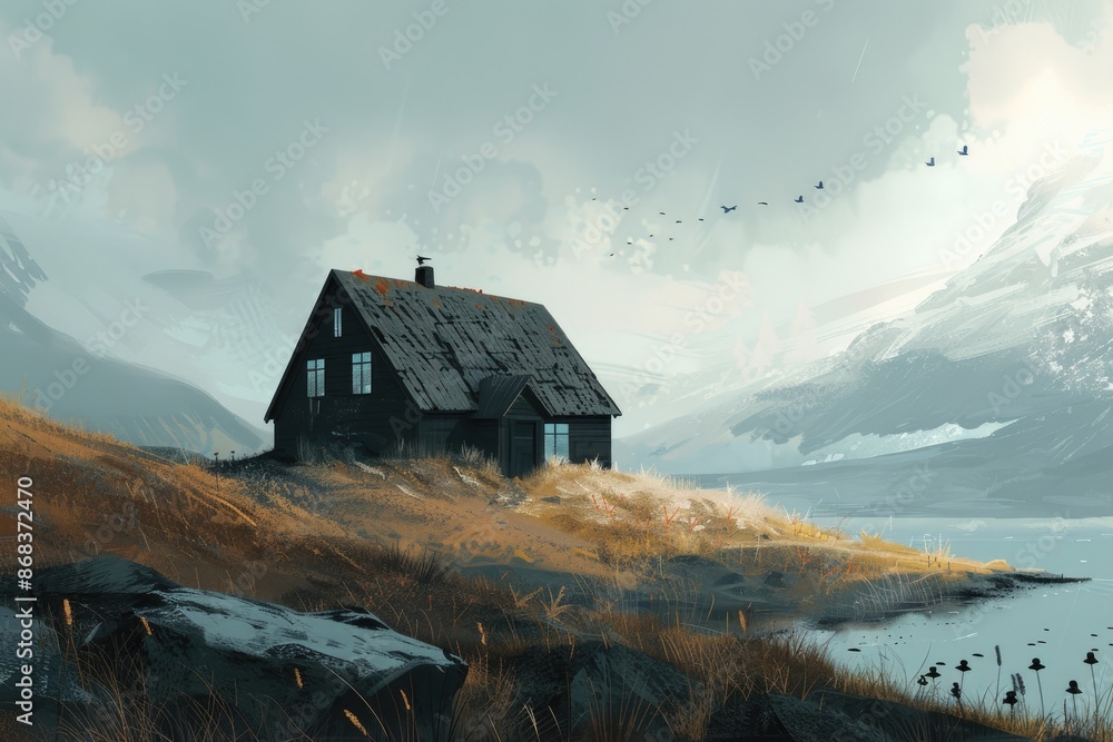 Illustration of House on grassy hill overlooking a valley Illustration of House on grassy hill overlooking a valley