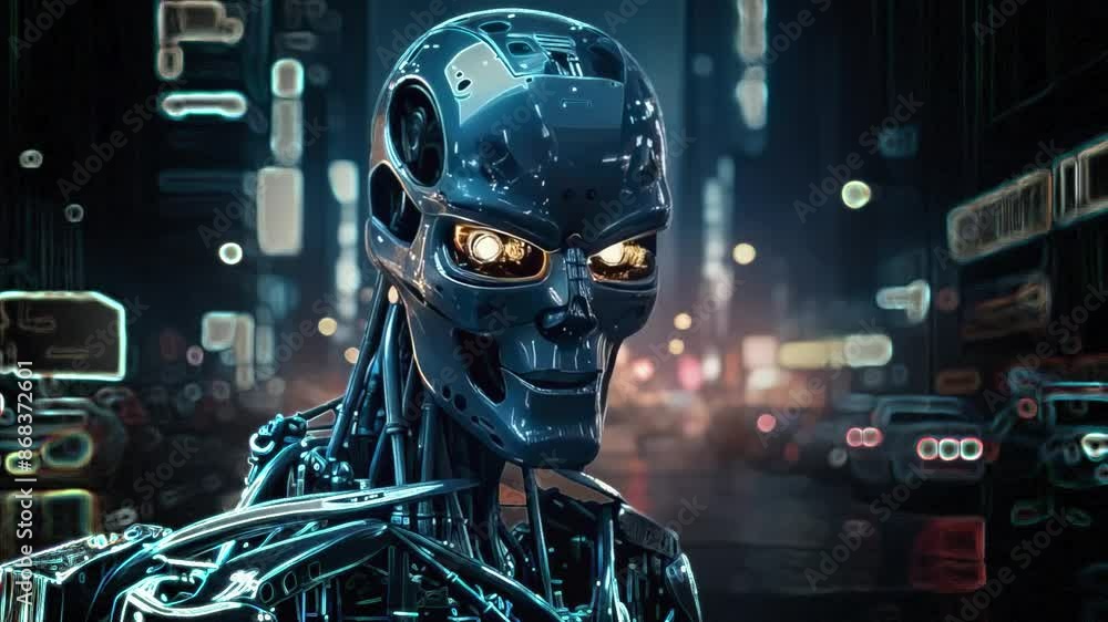 Close-up of a futuristic sci-fi style robot. The robot is on a city street, cyberpunk, neon lights. A concept of the future. Close-up of a futuristic sci-fi style robot. The robot is on a city street, cyberpunk, neon lights. A concept of the future.