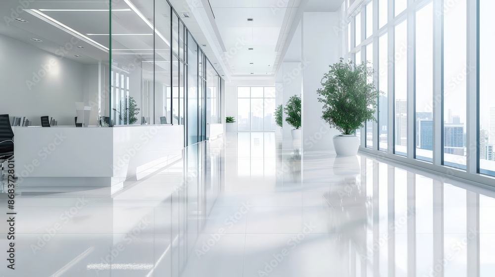 Modern Office Space with Large Windows and Potted Plants Modern Office Space with Large Windows and Potted Plants