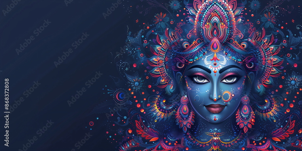 Indian Goddess Kali Maa on dark blue background. Goddess Durga Face. Religious festival of Hinduism Kali puja or Shyama Puja. Happy Durga Puja Shubh Navratri with copy space Indian Goddess Kali Maa on dark blue background. Goddess Durga Face. Religious festival of Hinduism Kali puja or Shyama Puja. Happy Durga Puja Shubh Navratri with copy space