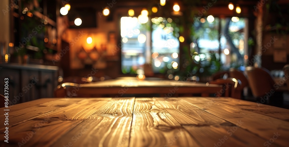Warmly Lit Rustic Restaurant Interior with Wooden Table and Chairs Warmly Lit Rustic Restaurant Interior with Wooden Table and Chairs