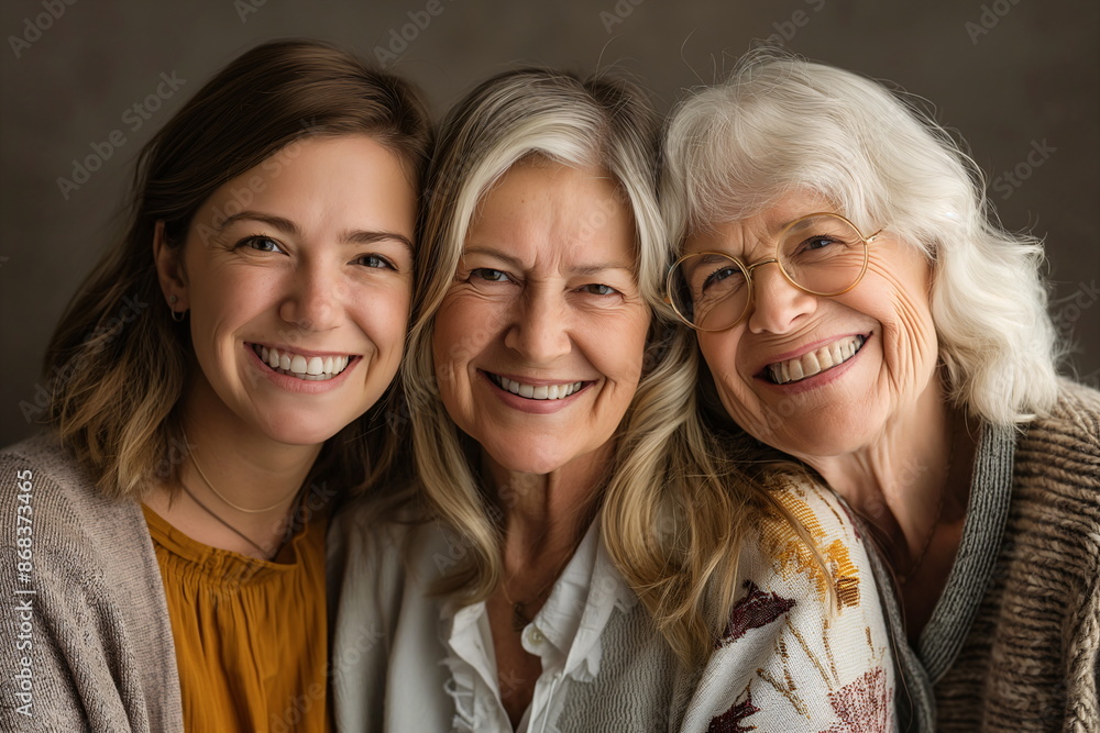 Three generations of women smiling together, capturing a moment of family love and connection Three generations of women smiling together, capturing a moment of family love and connection
