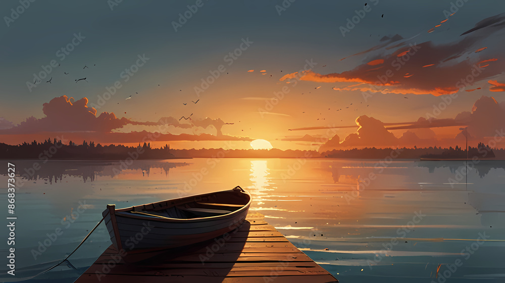 an artistic illustration of a serene sunset scene, where a solitary boat drifts gently on calm waters an artistic illustration of a serene sunset scene, where a solitary boat drifts gently on calm waters
