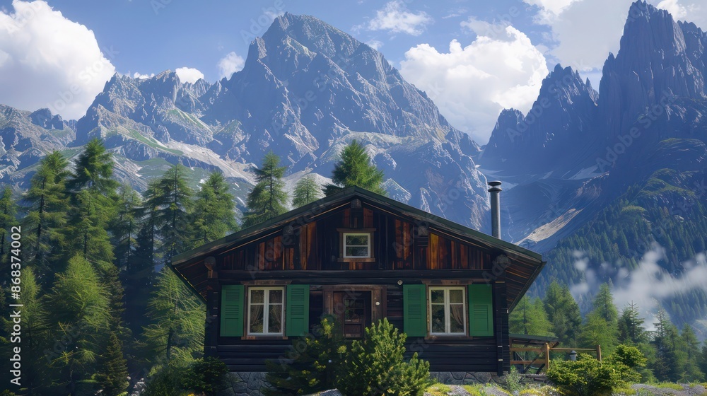 mountain cabin with deep forest green Bahama shutters, set against the backdrop of majestic peaks mountain cabin with deep forest green Bahama shutters, set against the backdrop of majestic peaks