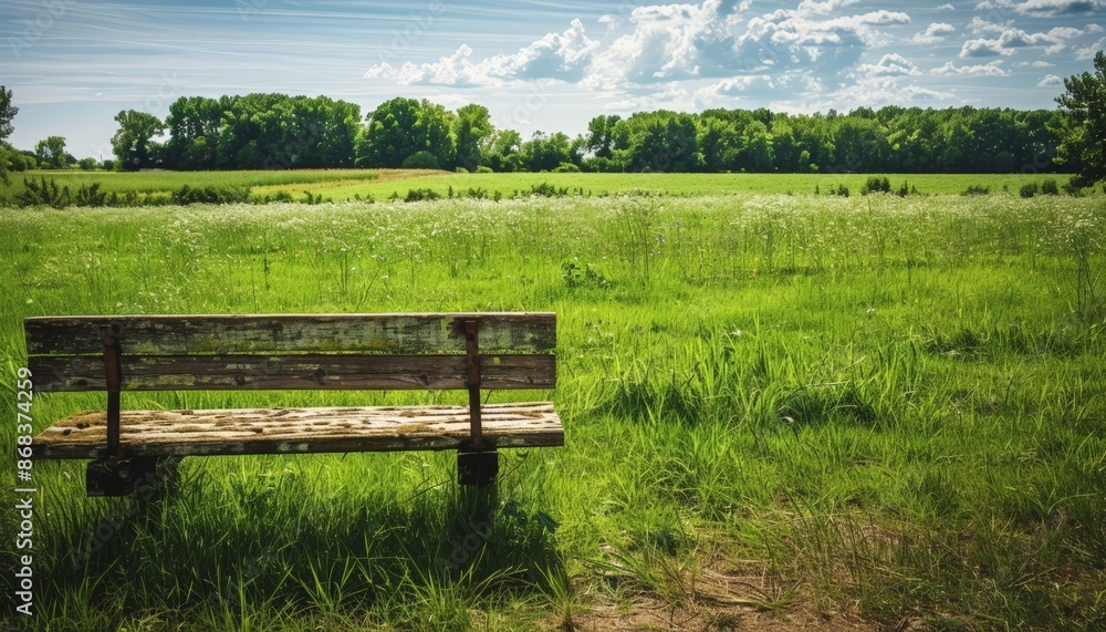 Rustic Wooden Bench in a Field of Tall Grass under a Cloudy Sky Rustic Wooden Bench in a Field of Tall Grass under a Cloudy Sky