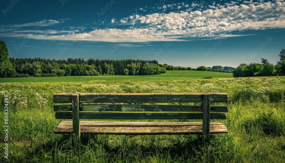 Serene Pastoral Scene: Wooden Bench in a Field of Wildflowers with a Cloudy Sky Serene Pastoral Scene: Wooden Bench in a Field of Wildflowers with a Cloudy Sky