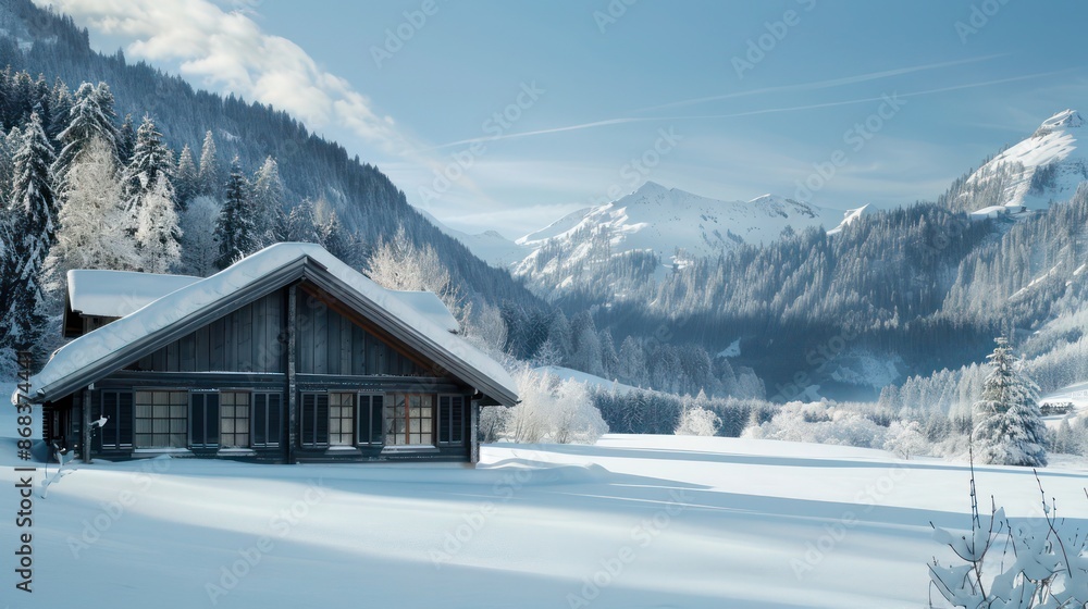 mountain chalet with Bahama shutters in charcoal grey, contrasting with the snowy landscape mountain chalet with Bahama shutters in charcoal grey, contrasting with the snowy landscape