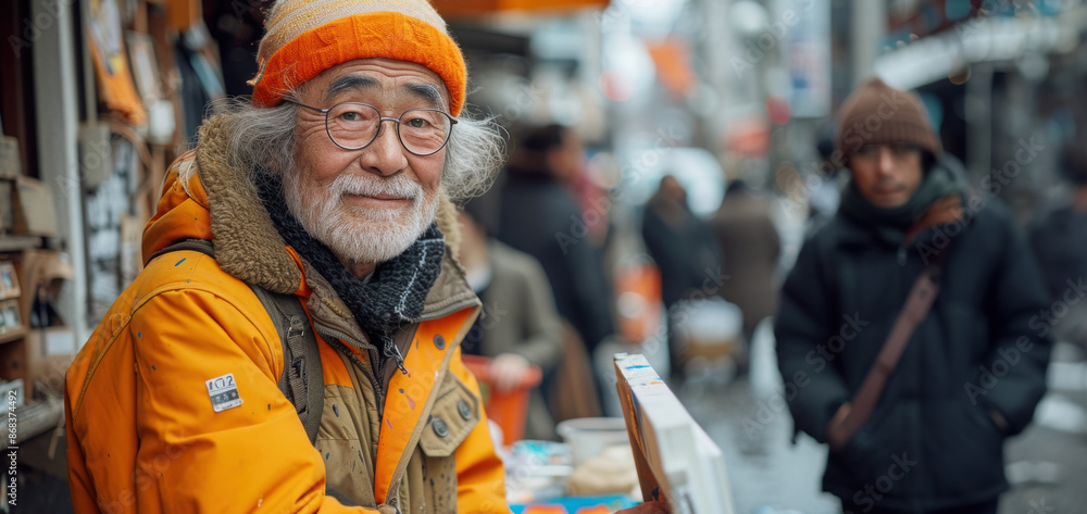 Smiling elderly Asian artist with paintings on a busy city street. Smiling elderly Asian artist with paintings on a busy city street.
