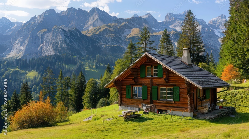 mountain chalet with Bahama shutters in pine green, providing warmth and privacy in a picturesque alpine setting mountain chalet with Bahama shutters in pine green, providing warmth and privacy in a picturesque alpine setting