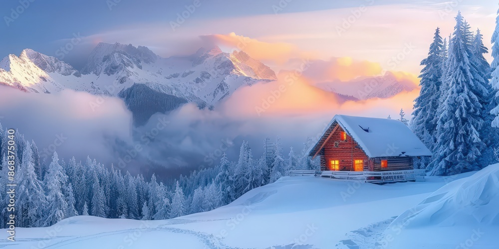 Fototapeta premium Snowy Cabin in the Majestic Mountains