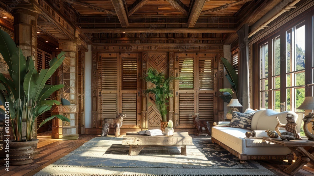 Fototapeta premium mountain home with rustic, carved Bahama shutters, featuring local fauna motifs that reflect the wildlife of the area