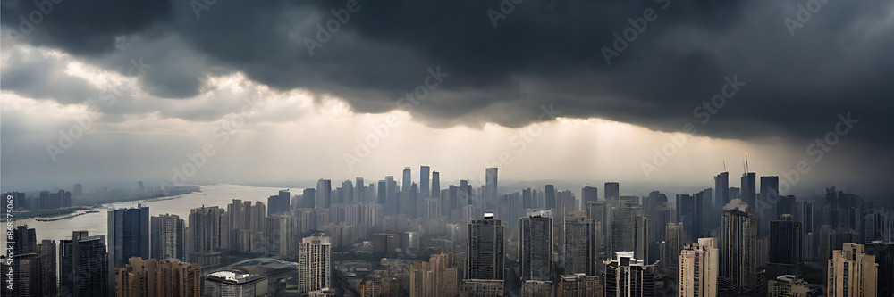 Fototapeta premium Cloudy stormy apocalyptic city skyline urban landscape background