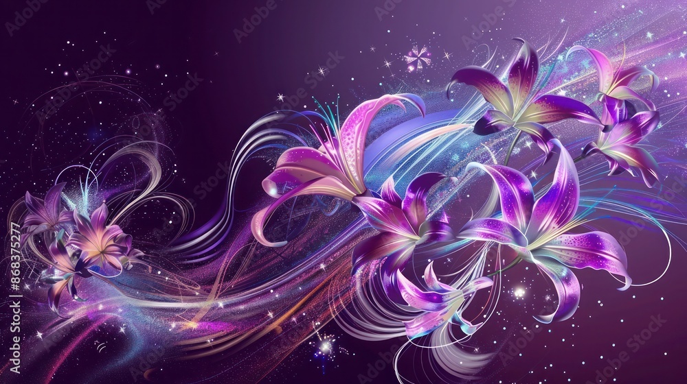 Dynamic abstract art with swirling neon lilies and silver particles on a deep purple background, resembling a galaxy with stars twinkling in the distance. Dynamic abstract art with swirling neon lilies and silver particles on a deep purple background, resembling a galaxy with stars twinkling in the distance.