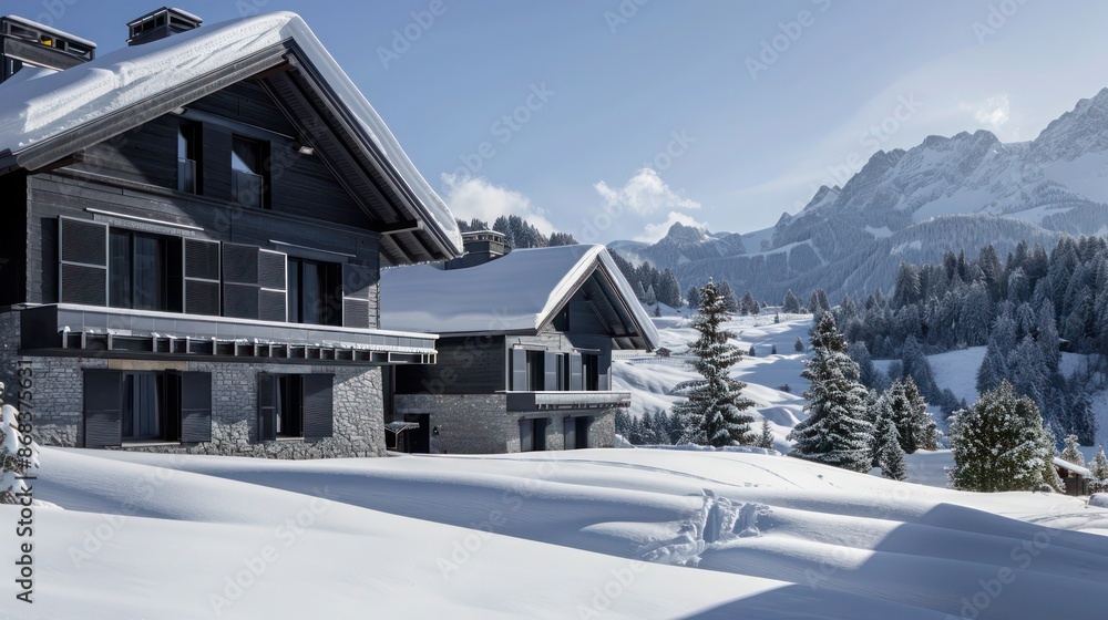 mountain resort with Bahama shutters in charcoal black, offering a modern touch to the rustic setting and contrasting beautifully with the snow