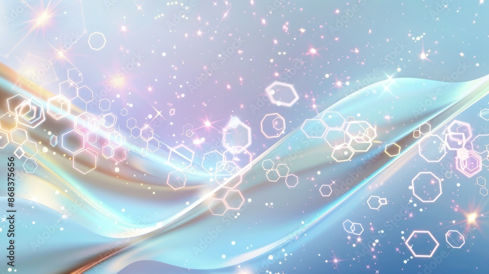 Luminous neon hexagons bloom against a backdrop of light blue and pale violet, dotted with stars as if scattered by a gentle cosmic wind, portraying an ethereal river Luminous neon hexagons bloom against a backdrop of light blue and pale violet, dotted with stars as if scattered by a gentle cosmic wind, portraying an ethereal river