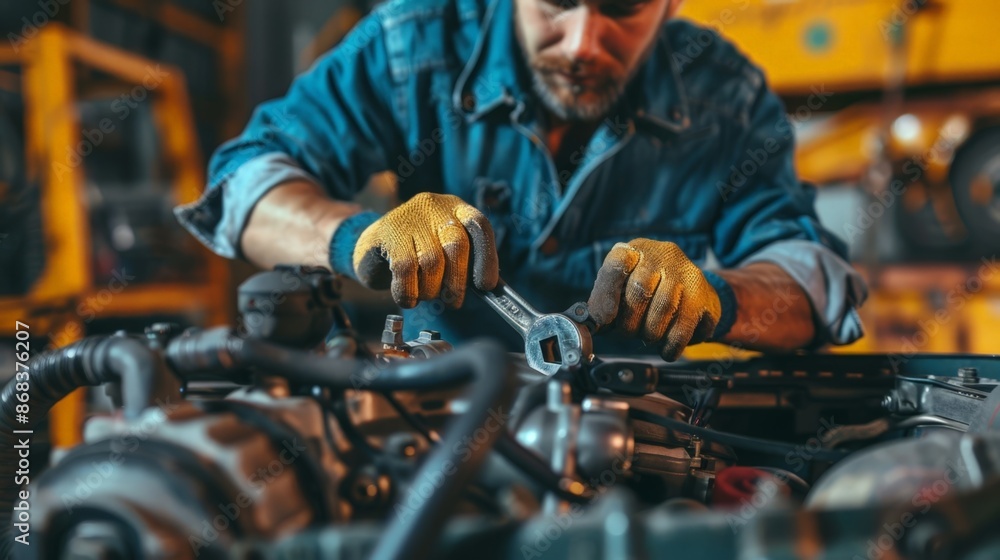 Mechanic at Work: Engine Repair in Progress Mechanic at Work: Engine Repair in Progress