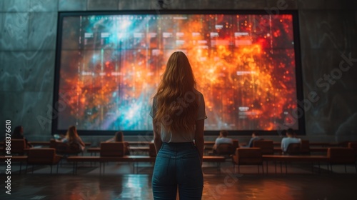 A Woman Standing in Front of a Large Screen with Other People Looking at It - Generative AI