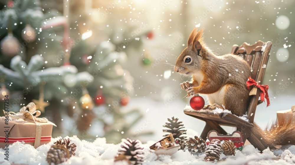 Cute Squirrel Sitting on a Snowy Chair with Christmas Ornaments Cute Squirrel Sitting on a Snowy Chair with Christmas Ornaments