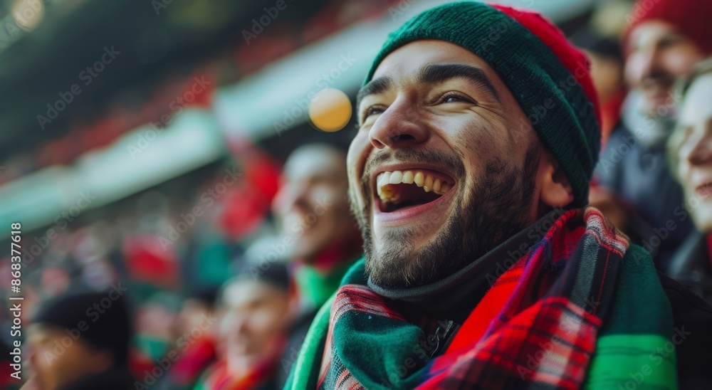 Jubilant Fan in Stadium Crowd, Laughing and Wearing Winter Scarf Jubilant Fan in Stadium Crowd, Laughing and Wearing Winter Scarf