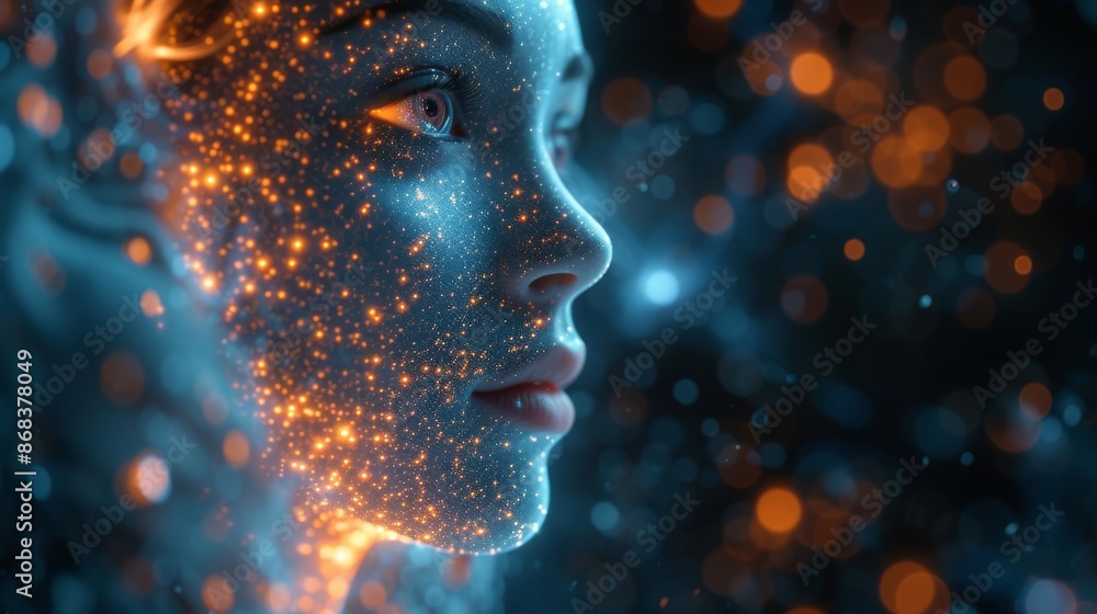 A Close up of a Woman's Face with Glowing Stars Around Her Eyes and Hair - Generative AI A Close up of a Woman's Face with Glowing Stars Around Her Eyes and Hair - Generative AI