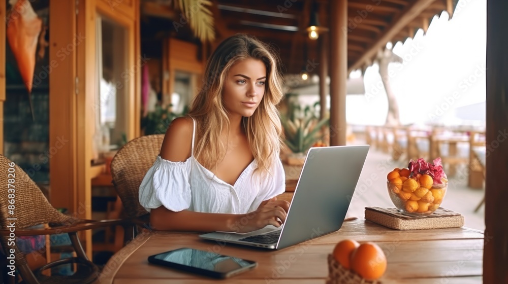 A woman is sitting at a table with a laptop, wearing a straw hat and sunglasses A woman is sitting at a table with a laptop, wearing a straw hat and sunglasses
