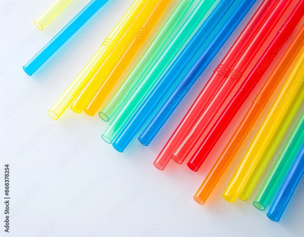 Vibrant Rainbow Plastic Straws on White Background Vibrant Rainbow Plastic Straws on White Background