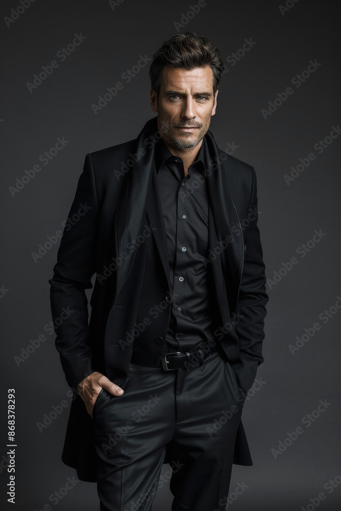 Obraz premium 1 A stylish handsome model posing confidently, wearing high fashion attire, full body, simple solid background, studio lighting, a minimalist composition,