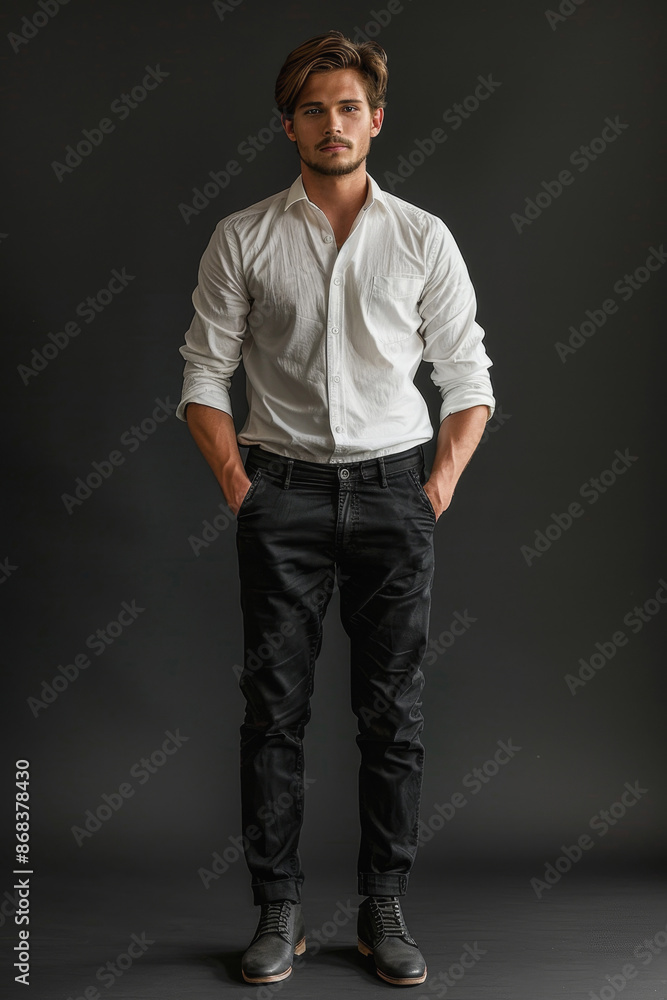 6 A handsome model in high fashion apparel standing confidently, full body, simple solid background, studio lighting, a minimalist composition, 6 A handsome model in high fashion apparel standing confidently, full body, simple solid background, studio lighting, a minimalist composition,