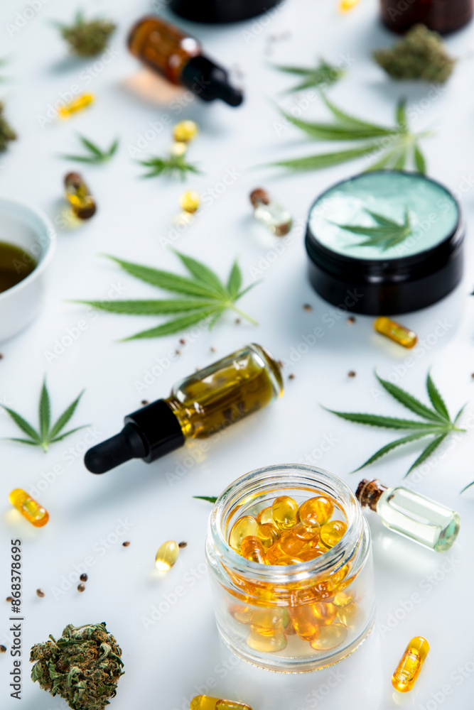 Cannabis leaves with marijuana, cbd, Flat lay composition Cannabis leaves with marijuana, cbd, Flat lay composition