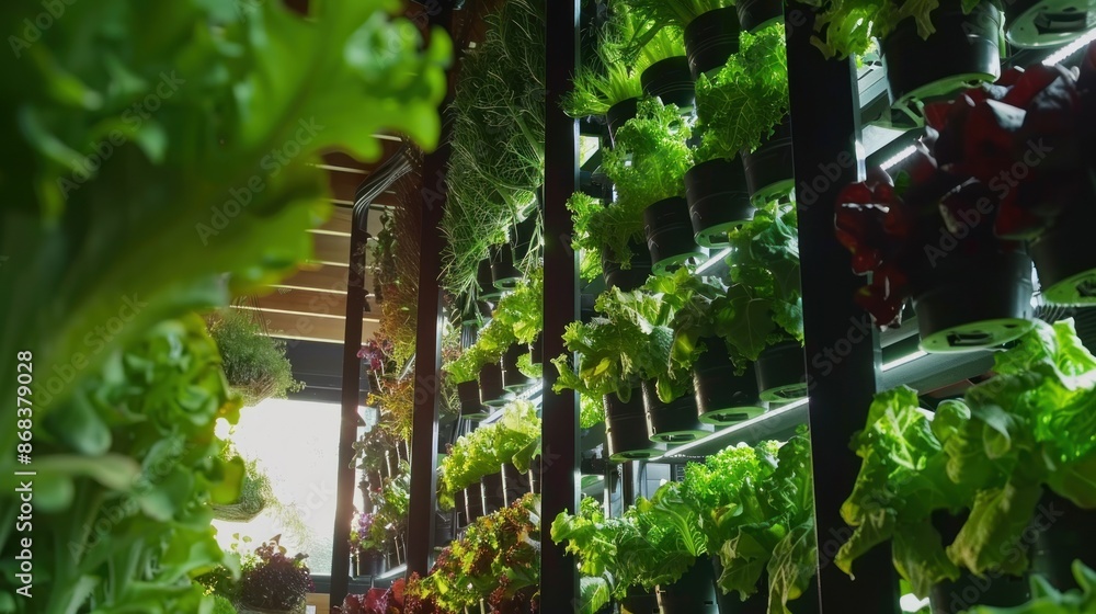 Obraz premium Indoor vertical plant hydroponic farm with various types of plants growing on shelves.