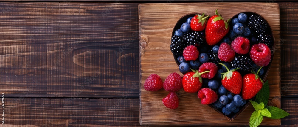 Mix berries arranged in a heart shape on a wooden cutting board, top view, warm tones, natural light, copy space Mix berries arranged in a heart shape on a wooden cutting board, top view, warm tones, natural light, copy space