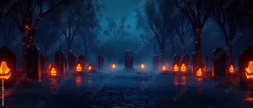 3D spooky graveyard with tombstones and glowing spirits, dark night 3D spooky graveyard with tombstones and glowing spirits, dark night