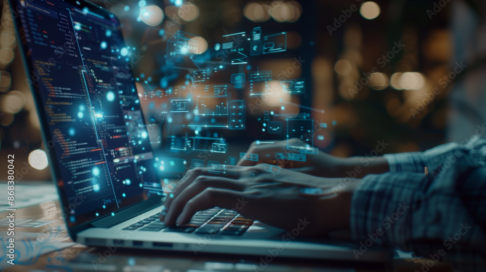 Close-up of Hands Coding on a Laptop with Futuristic Digital Interface Close-up of Hands Coding on a Laptop with Futuristic Digital Interface