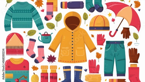 Collection of cute autumn clothing stickers, featuring a sweater, raincoat, socks, scarf, gloves, pants, and an umbrella, isolated. Flat cartoon vector illustration
