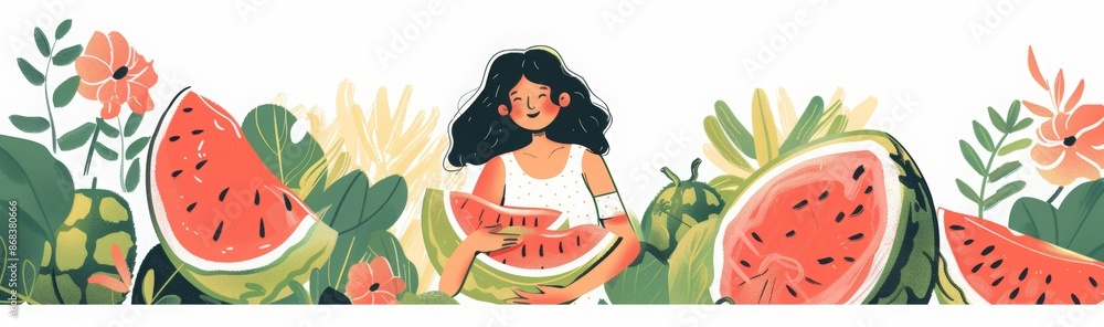 Watermelon Day banner with happy woman holding water melon on white background with green leaves around it. Watermelon Day banner with happy woman holding water melon on white background with green leaves around it.
