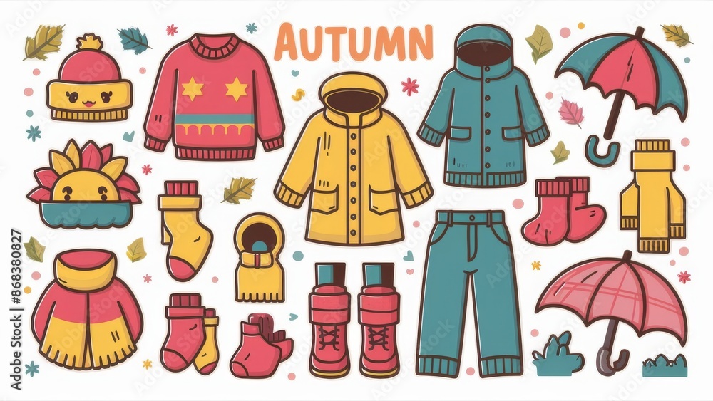 Collection of cute autumn clothing stickers, featuring a sweater, raincoat, socks, scarf, gloves, pants, and an umbrella, isolated. Flat cartoon vector illustration Collection of cute autumn clothing stickers, featuring a sweater, raincoat, socks, scarf, gloves, pants, and an umbrella, isolated. Flat cartoon vector illustration