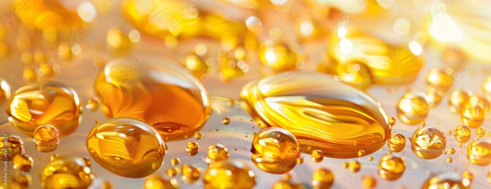 Golden Liquid Drops on a Blurred Background Golden Liquid Drops on a Blurred Background