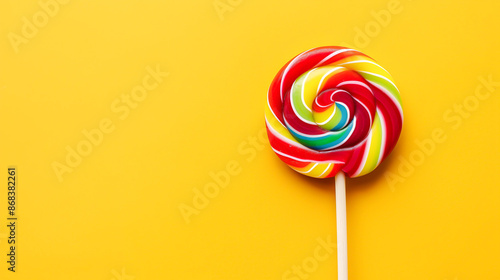 Lollipop on a stick on a yellow background, Colorful sweet treat lolly for kids with copy space