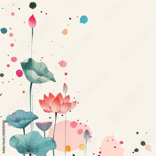 Chinese ink painting, with colorful polka dots and lotus flowers. Floral poster, invite. illustration, design, drawing, postcard