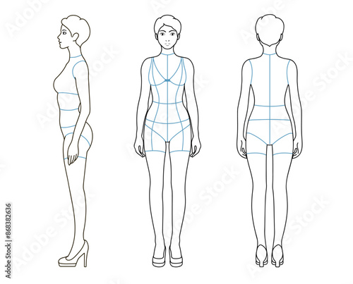 Famale body mannequin. Template for fashion sketch ideas of women's clothing. Fashion design. Front, side and back view outline vector illustration	