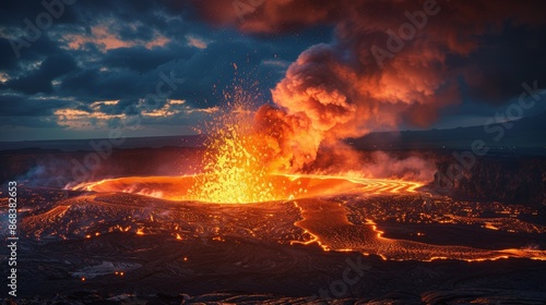 An Image of a Volcano Erupting with Lava and Smoke Billowing into the Sky - Generative AI © Zeynep