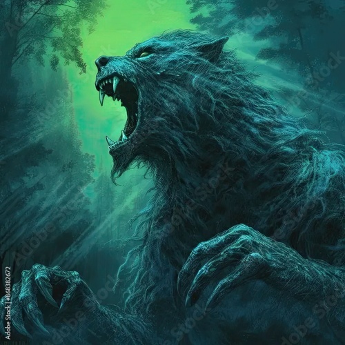 a painting of a monster with its mouth open