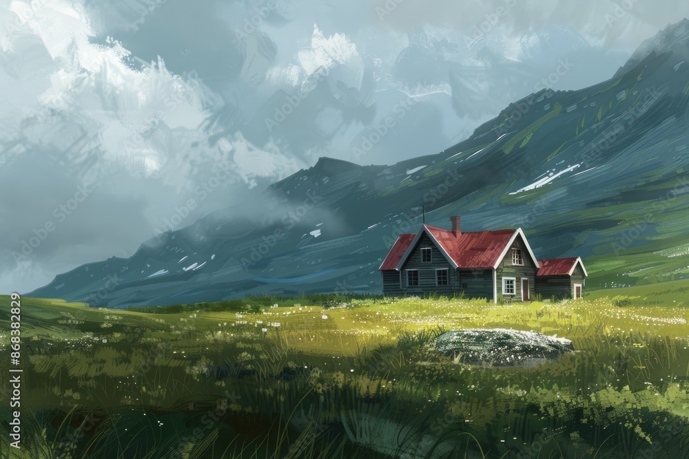 Scenic Illustration of a Hilltop House with Valley Overlook Scenic Illustration of a Hilltop House with Valley Overlook