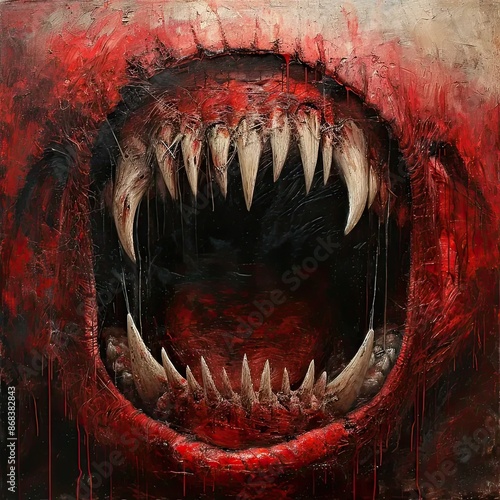 a painting of a shark's mouth with sharp teeth