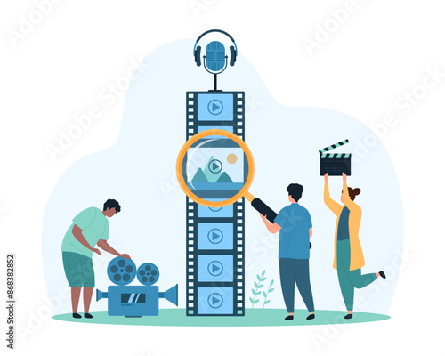 Video editing with editor software or mobile application, visual multimedia content montage and production. Tiny people look through magnifying glass at film reel frame cartoon vector illustration